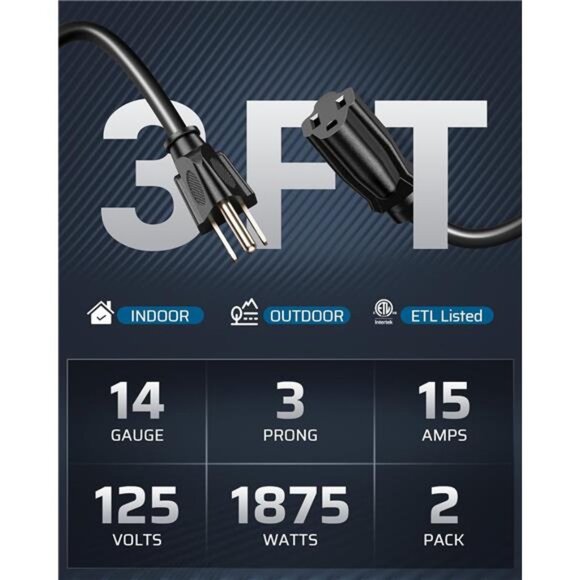 Extension Cord 3ft, 14/3 SJTW Weatherproof Power Cable for Indoor Outdoor Use - Picture 2 of 7